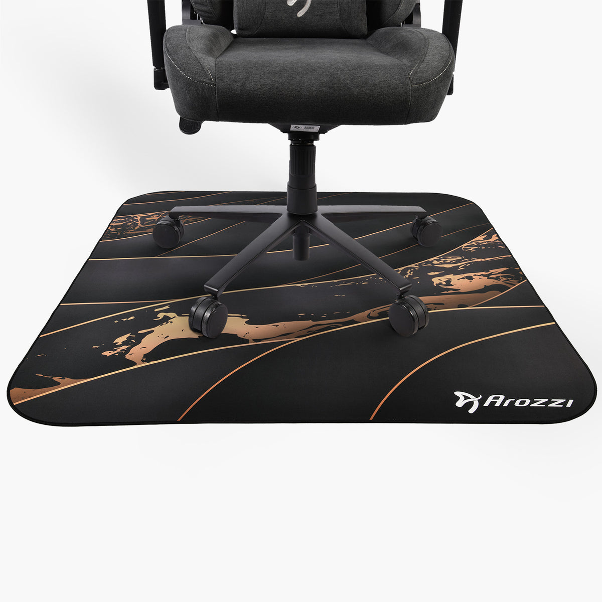 Arozzi Europe Zona Square Floor Pad: black mat with gold pattern and logo, protects floors.