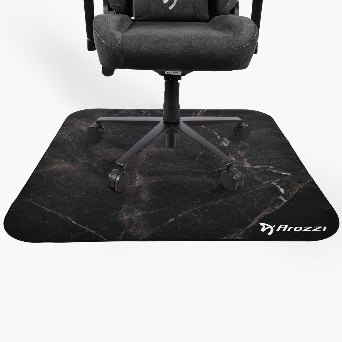 Black office chair on Arozzi Europe Zona Square Floor Pad for sleek, stylish floor protection.