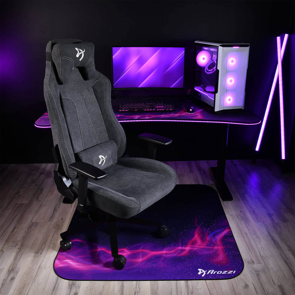 Gray gaming chair with purple lights and Arozzi Europe Zona Square Floor Pad in office setup.