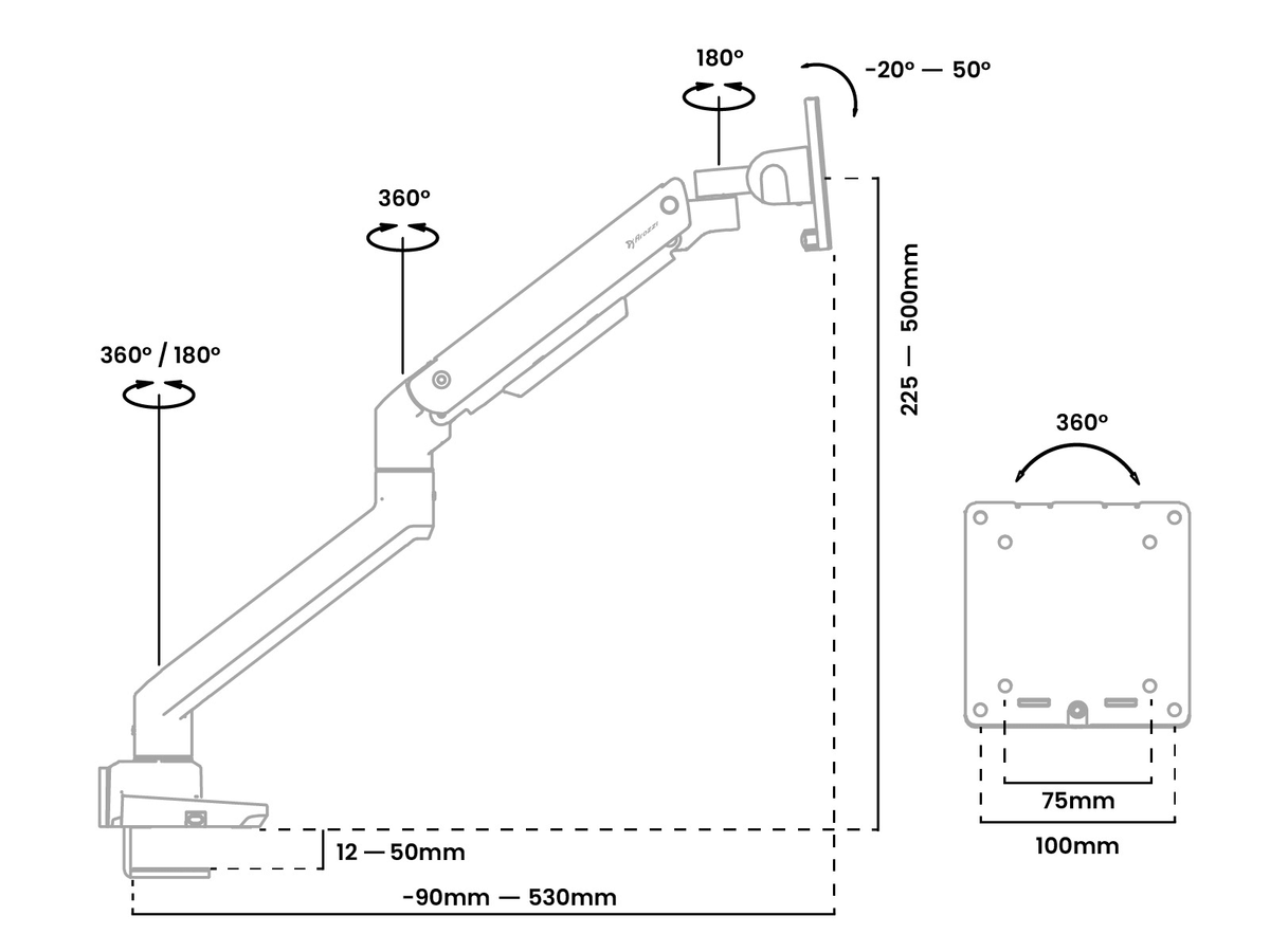 Adjustable monitor arm diagram showing rotation angles and dimensions in millimeters.