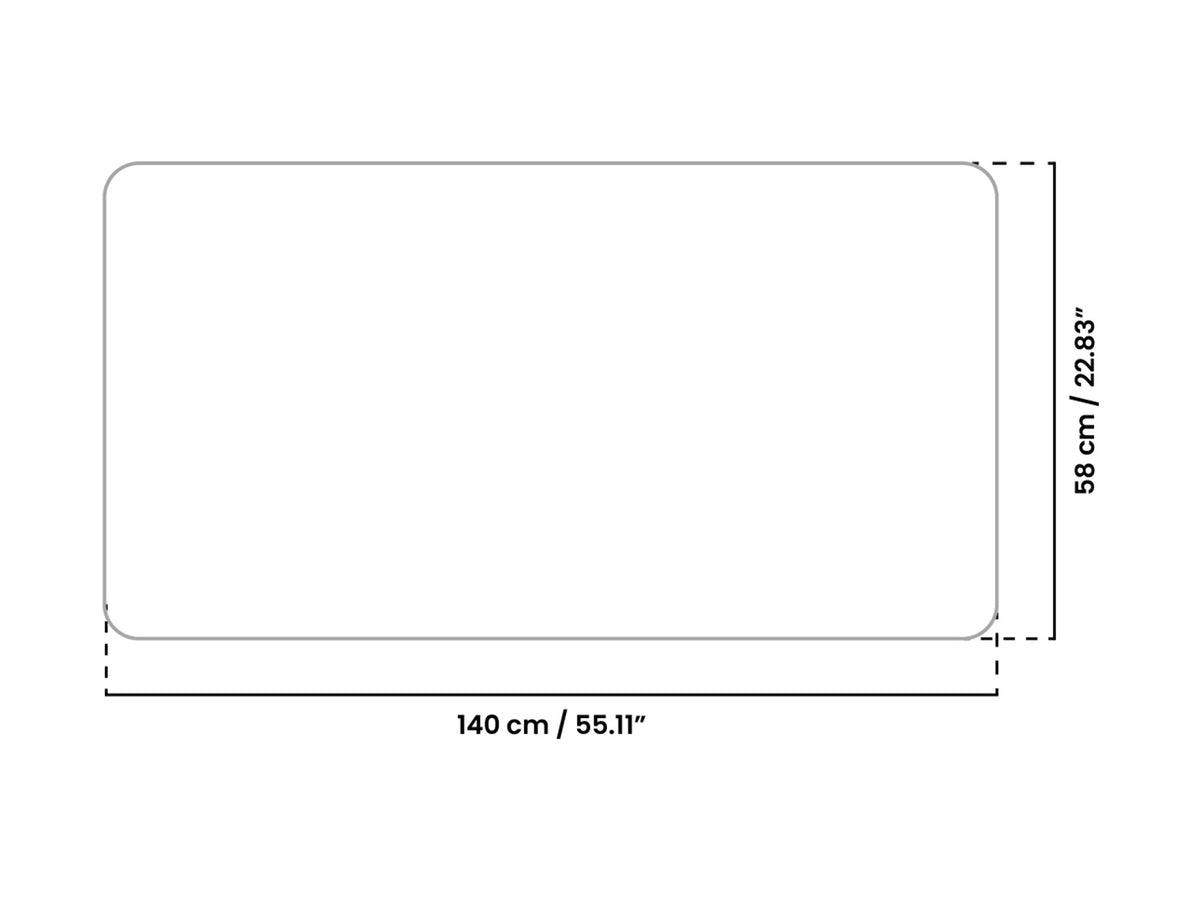 Rectangle with rounded corners, 140 cm by 58 cm, with inch equivalents shown.