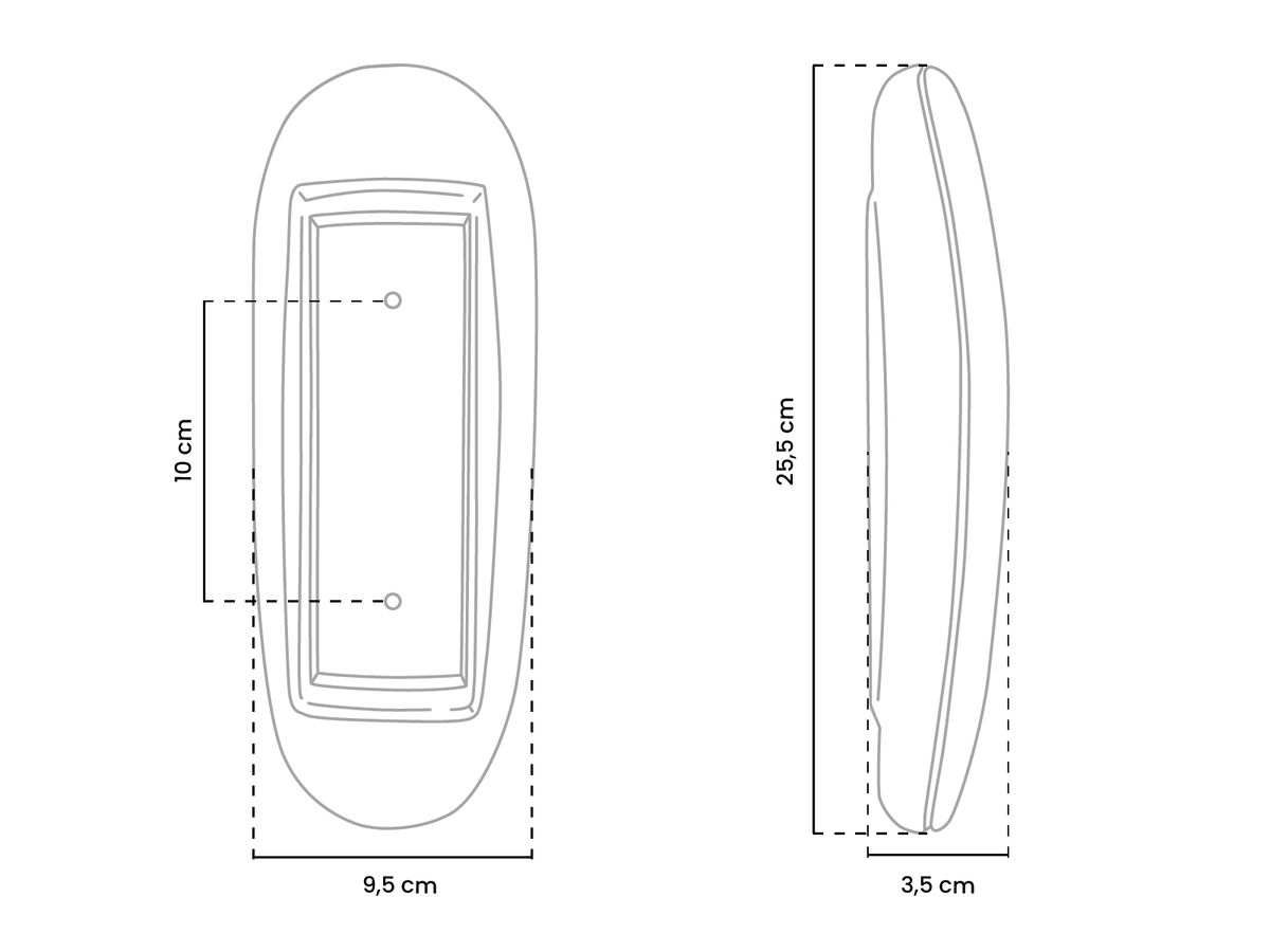 Outline drawing of an oval object with labeled dimensions in centimeters, shown side and top views.