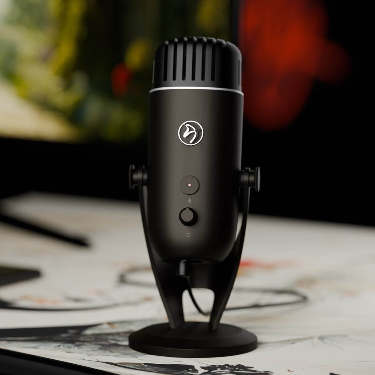 Arozzi Europe Colonna Microphone in black sits on a stand atop a white patterned surface.