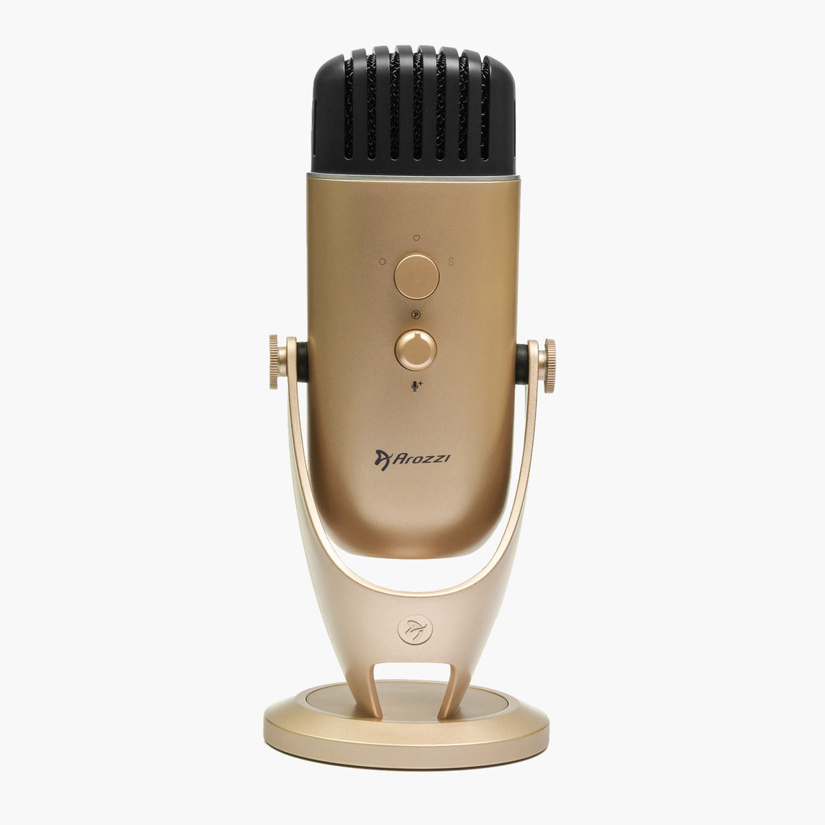 Colonna Microphone by Arozzi Europe on stand, great for streaming, shown on white background.