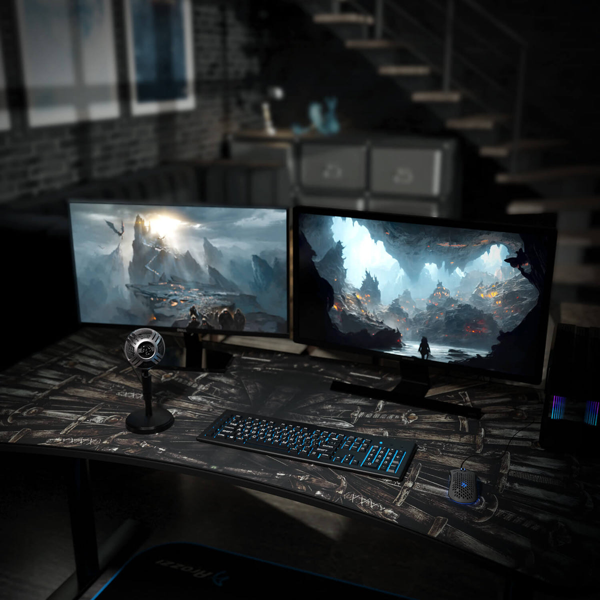 Dual monitors with fantasy art, keyboard, mic & Arena Mousepad by Arozzi Europe on dark setup.