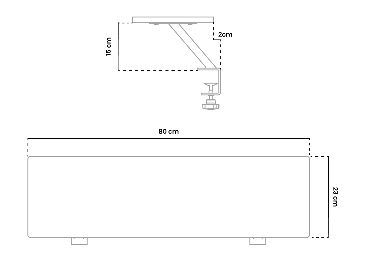 Diagram of a rectangular object, 80 cm wide and 23 cm high, with mounting bracket details.