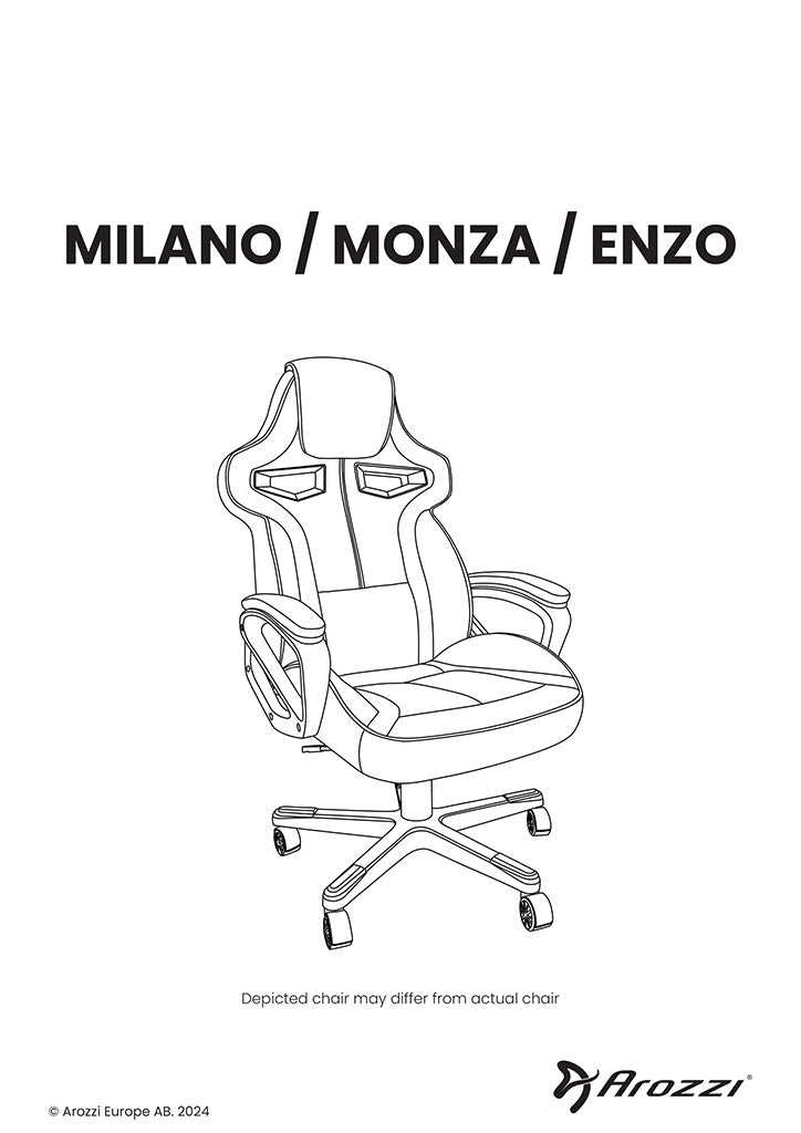 Line drawing of a gaming chair with armrests and headrest, labeled MILANO / MONZA / ENZO.