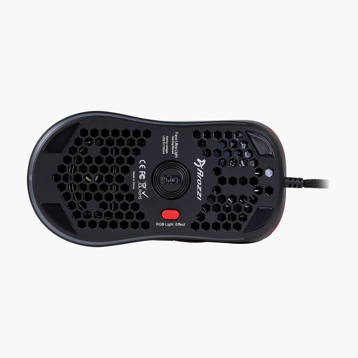 Arozzi Favo Ultra Light mouse bottom, honeycomb design, and Pixart 3389 sensor in view.