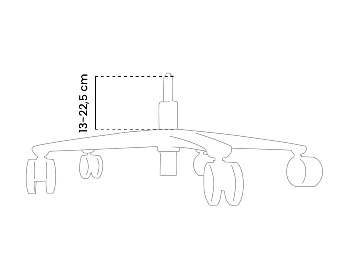 Chair base with five wheels and a vertical measurement labeled 13–22.5 cm.
