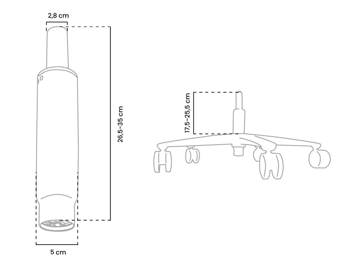 Line drawings of chair parts with dimensions labeled, including height, width, and diameter.