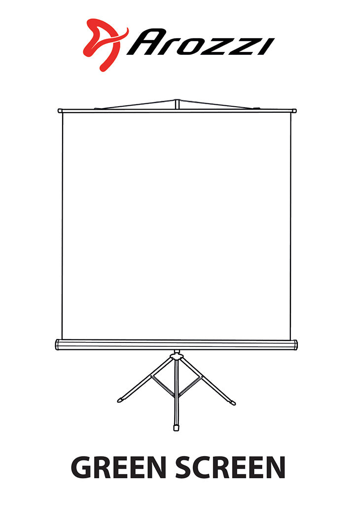 Arozzi logo above a tripod-mounted blank green screen with GREEN SCREEN text below.