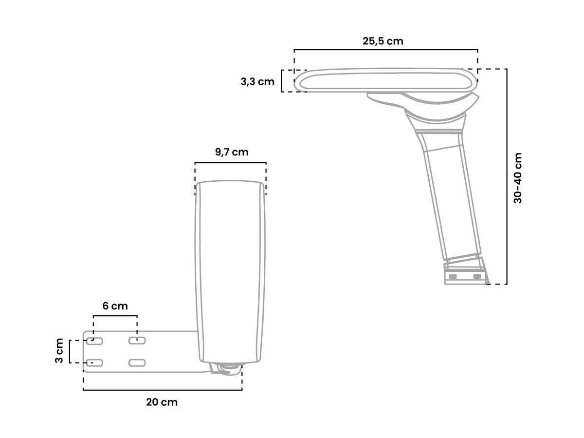 Line drawing of an adjustable armrest with labeled dimensions in centimeters.