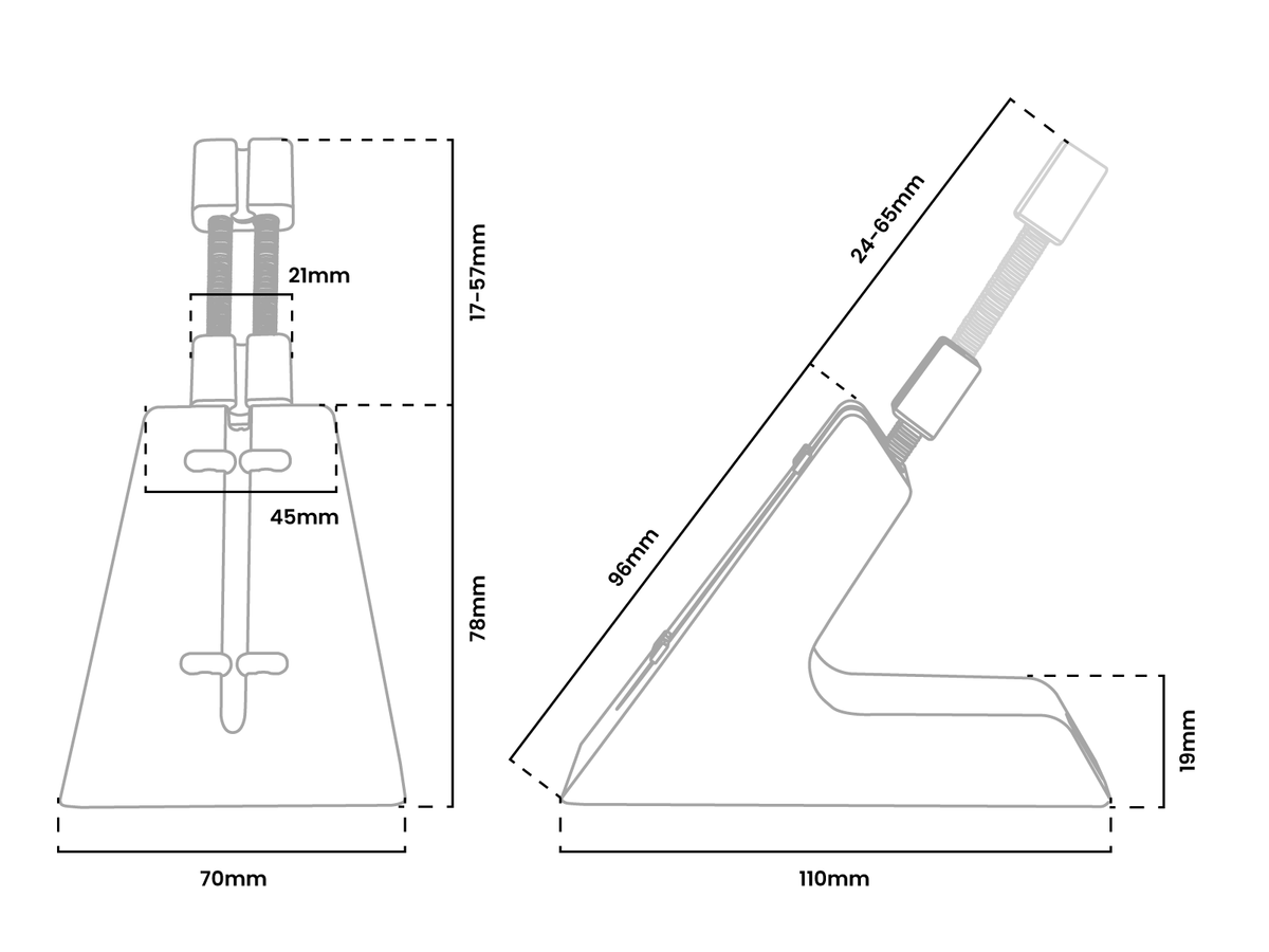 Technical drawing of a device with dimensions labeled in millimeters, shown front and side views.