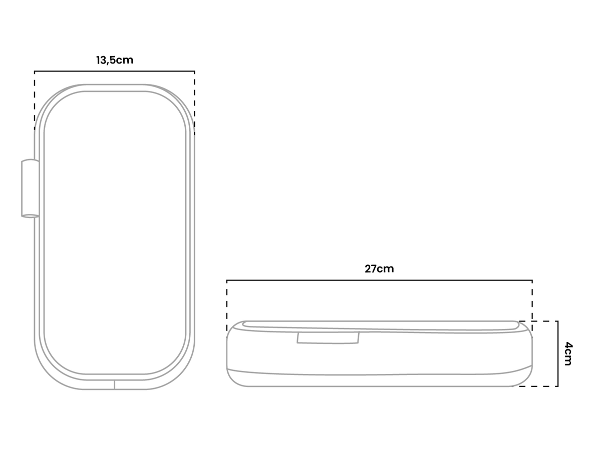 Line drawing of a rectangular case, 27 x 13.5 x 4 cm, shown from top and side views.
