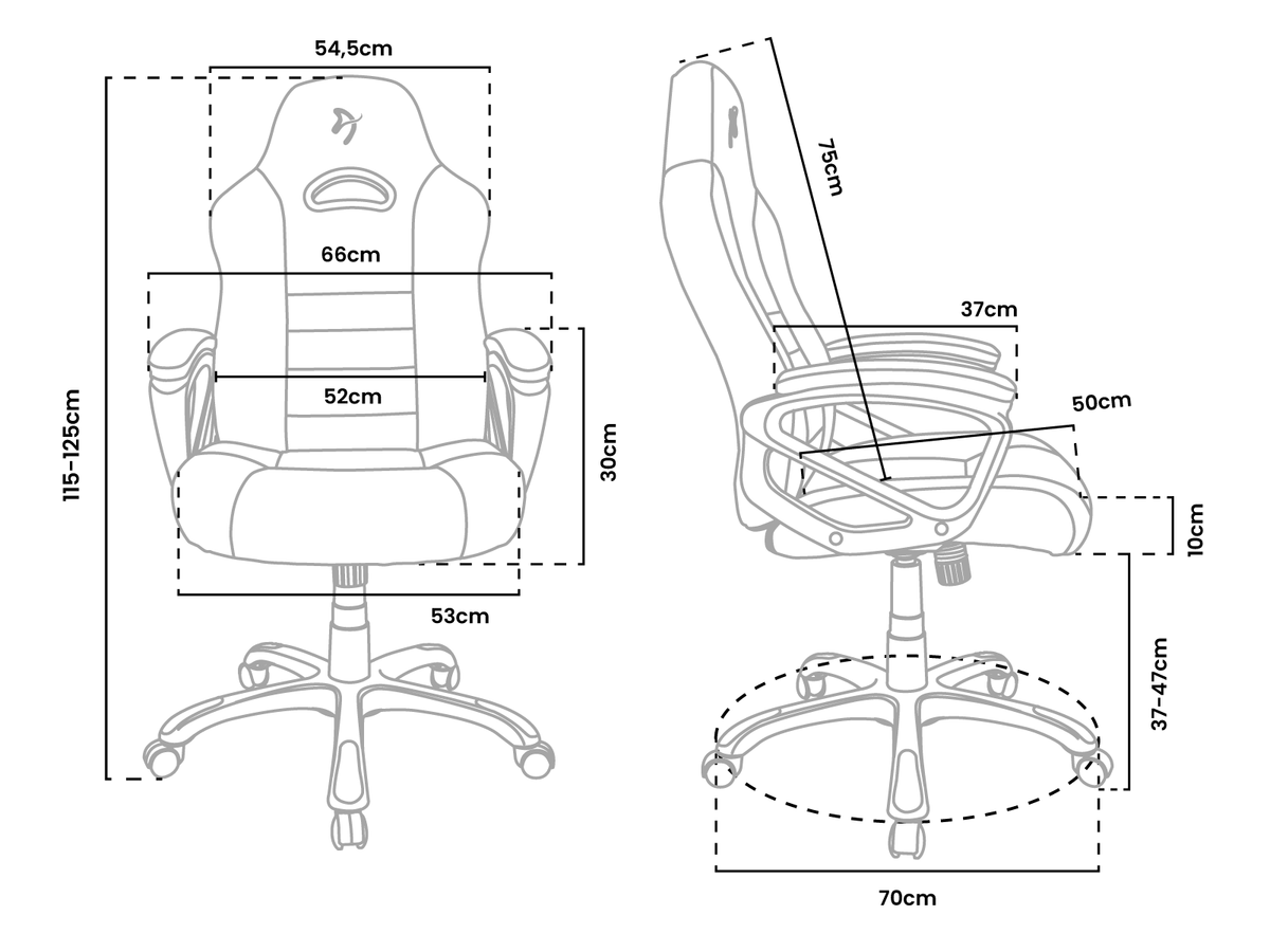 Line drawing of an office chair with labeled dimensions in centimeters.