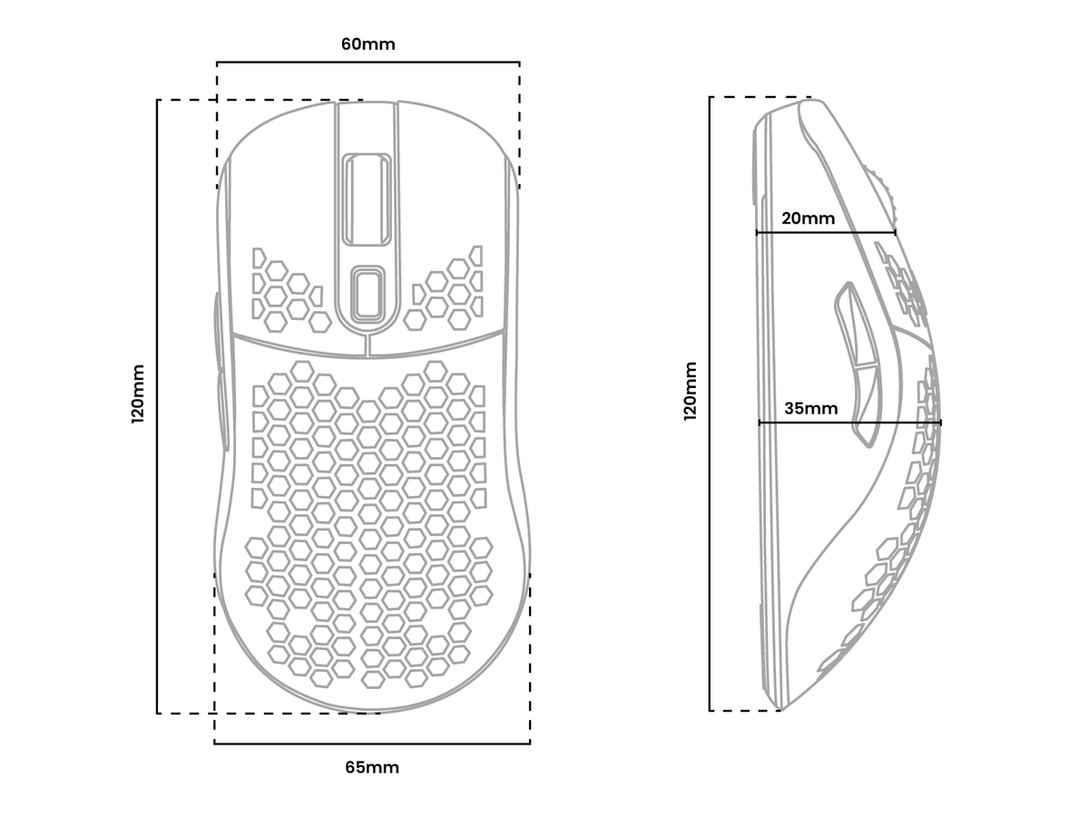 Line drawing of a computer mouse with honeycomb holes and labeled dimensions in millimeters.