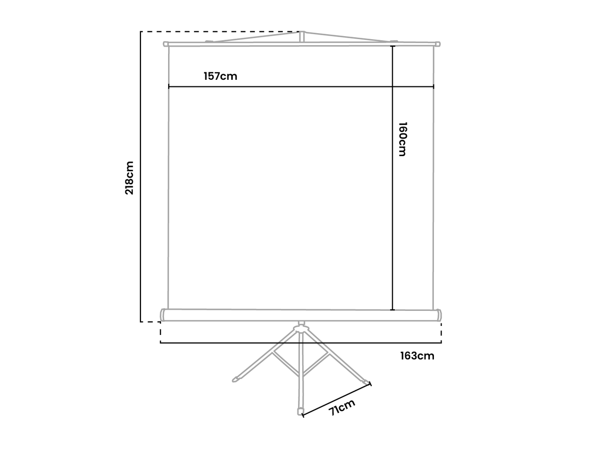 Line drawing of a projection screen with labeled dimensions in centimeters.