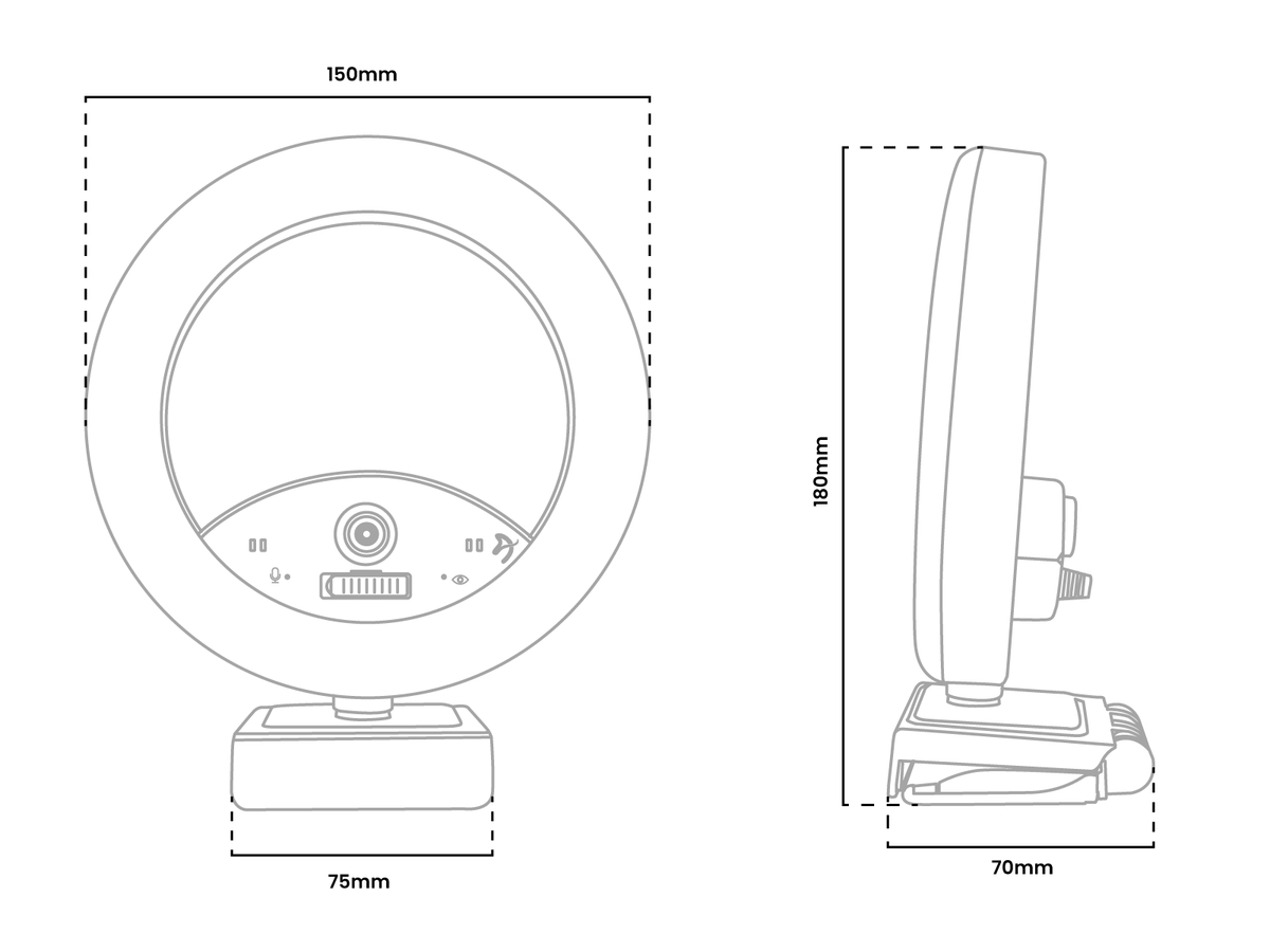 Line drawing of a round desk lamp with front and side views, including measurements.