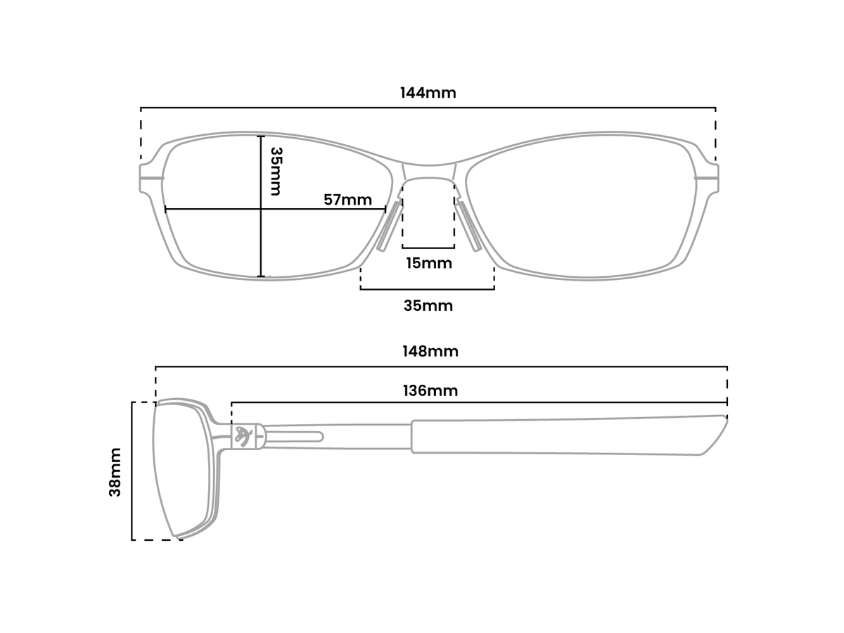 Line drawing showing glasses dimensions: lens, bridge, frame width, arm length, and lens height.