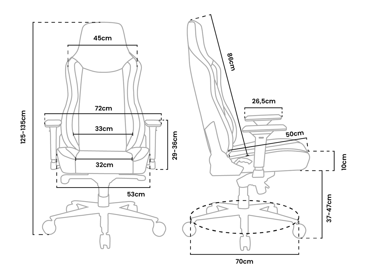Line drawing of an office chair with detailed measurements shown for height, width, and depth.
