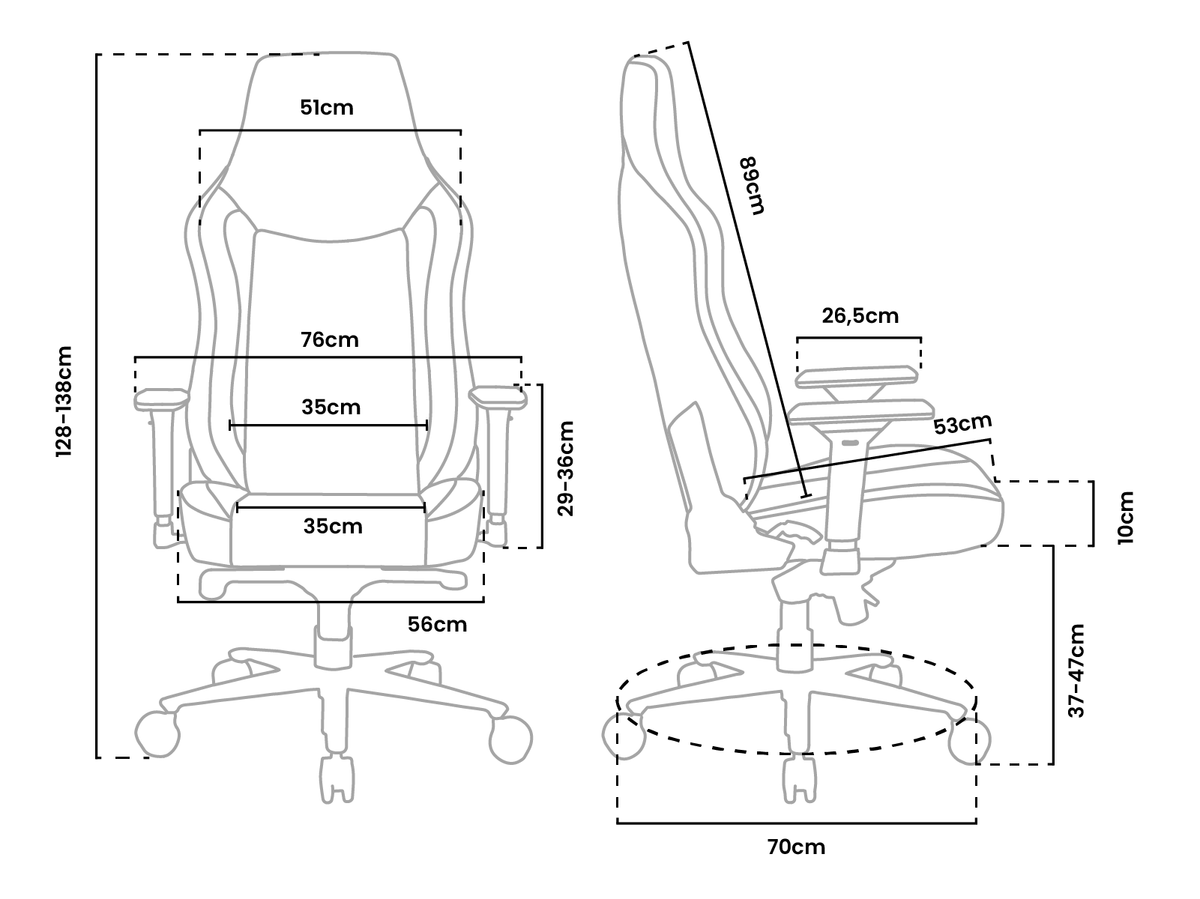 Line drawing of an office chair with labeled dimensions in centimeters.