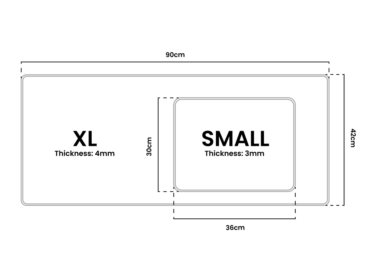 Diagram showing XL and Small rectangles with dimensions and thicknesses labeled in mm and cm.