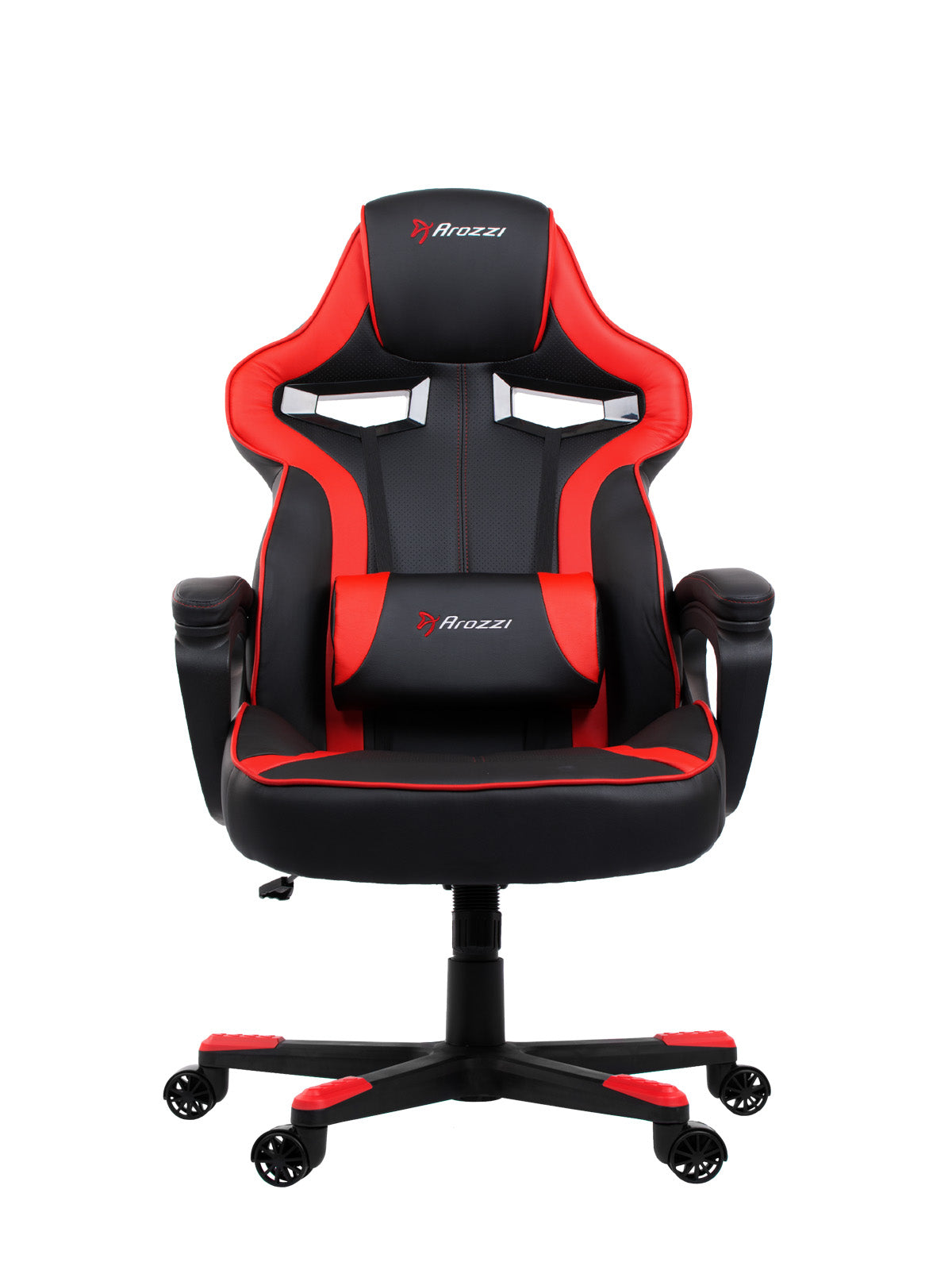 Black and red ergonomic gaming chair with padded armrests and a five-wheel base.