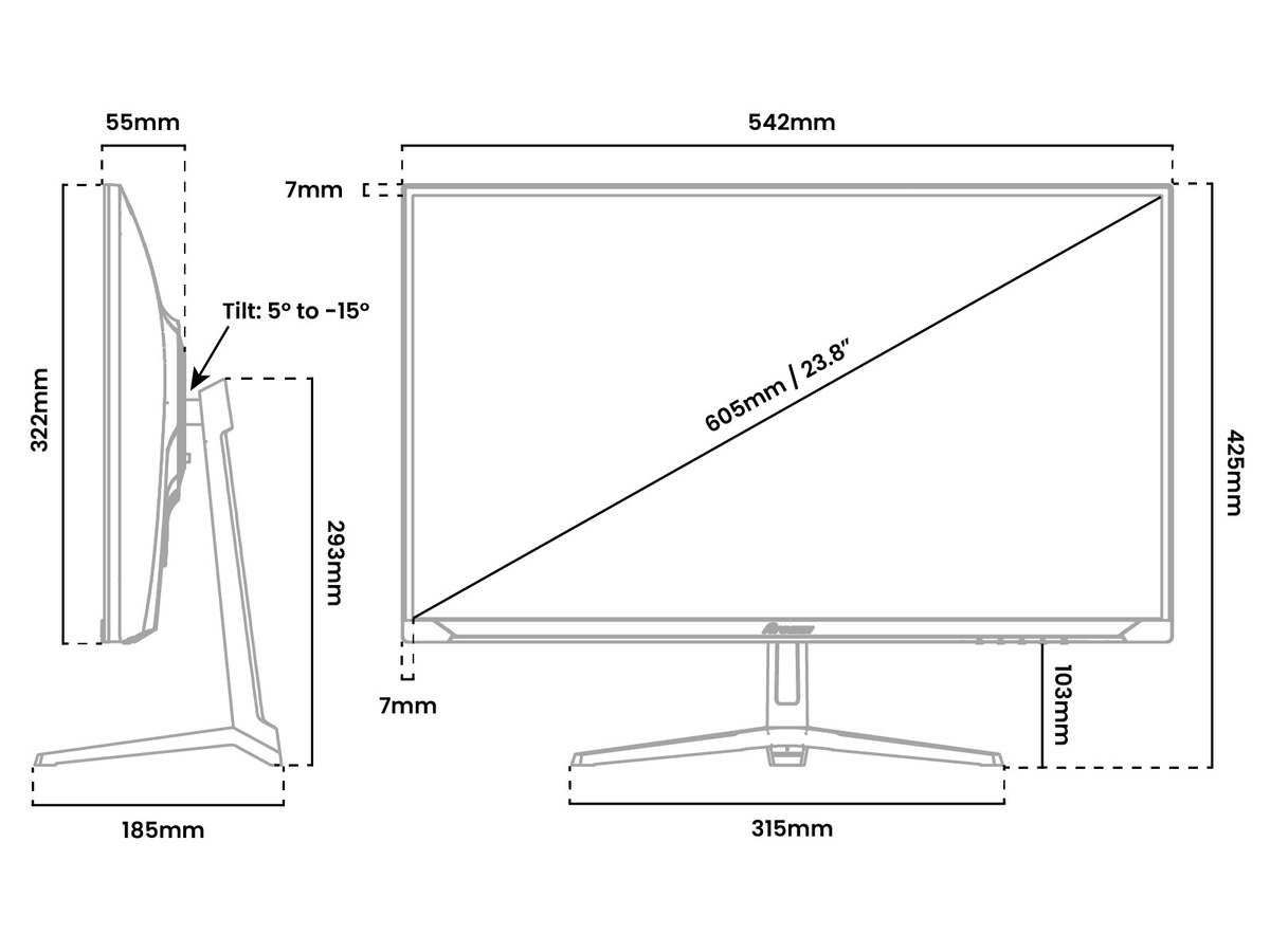 Line drawing of a monitor with labeled dimensions and a tilt range of 5° to 15°.