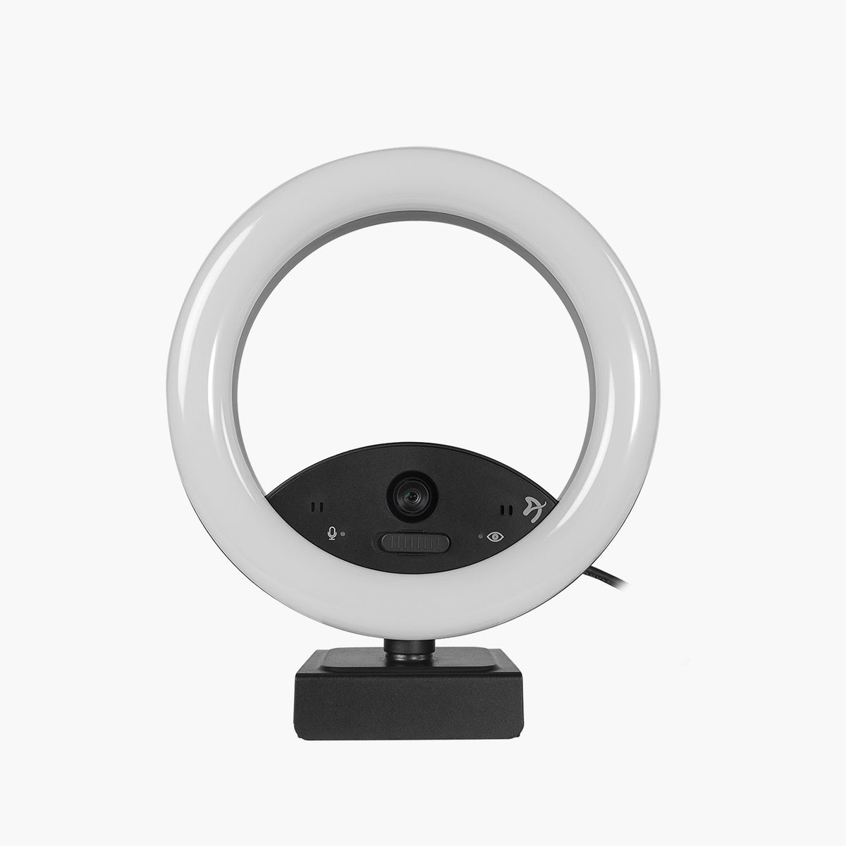 Arozzi Occhio True Privacy Ring Light Webcam on black stand, white background, with cover.