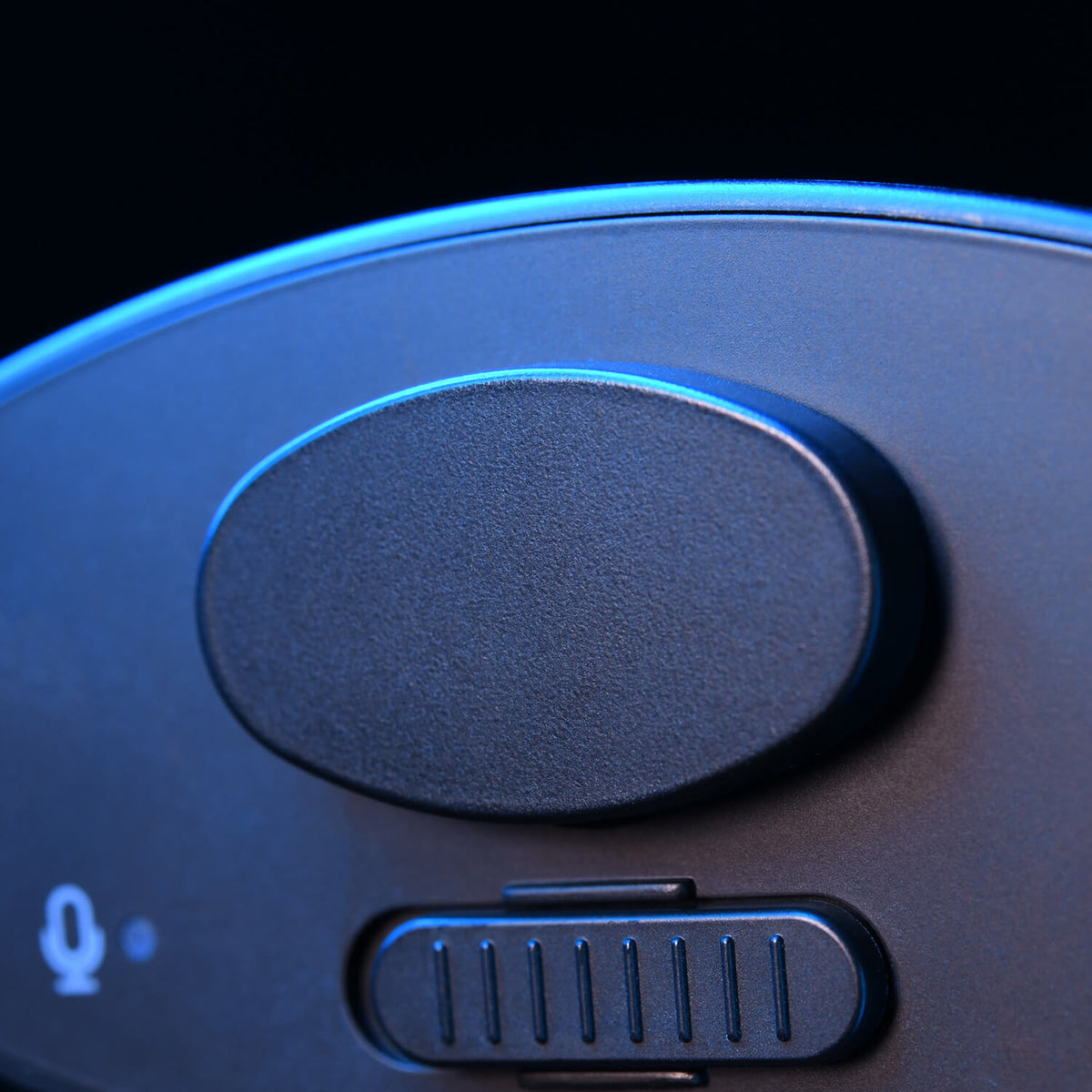 Close-up of a black switch and slider on an electronic device with a microphone icon.