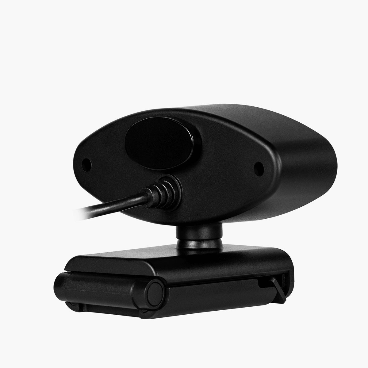 Arozzi Europe Occhio webcam, black, privacy cover and mic breaker, rear view.