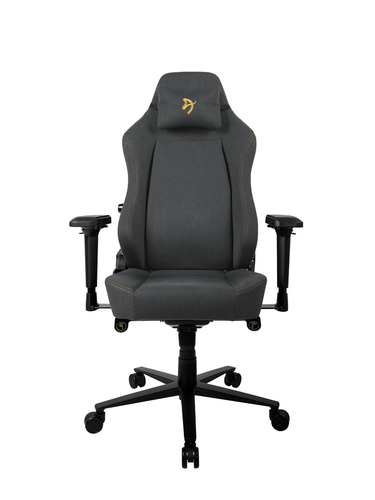 Gray ergonomic gaming chair with armrests, headrest pillow, and five caster wheels.