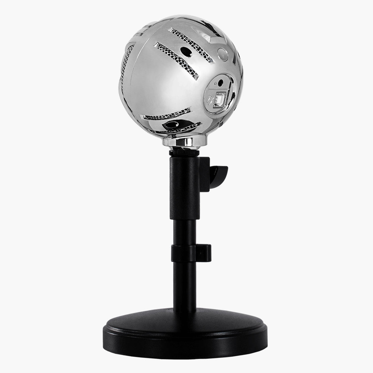 Arozzi Europe’s Sfera Microphone, silver and spherical, on a black stand against white background.