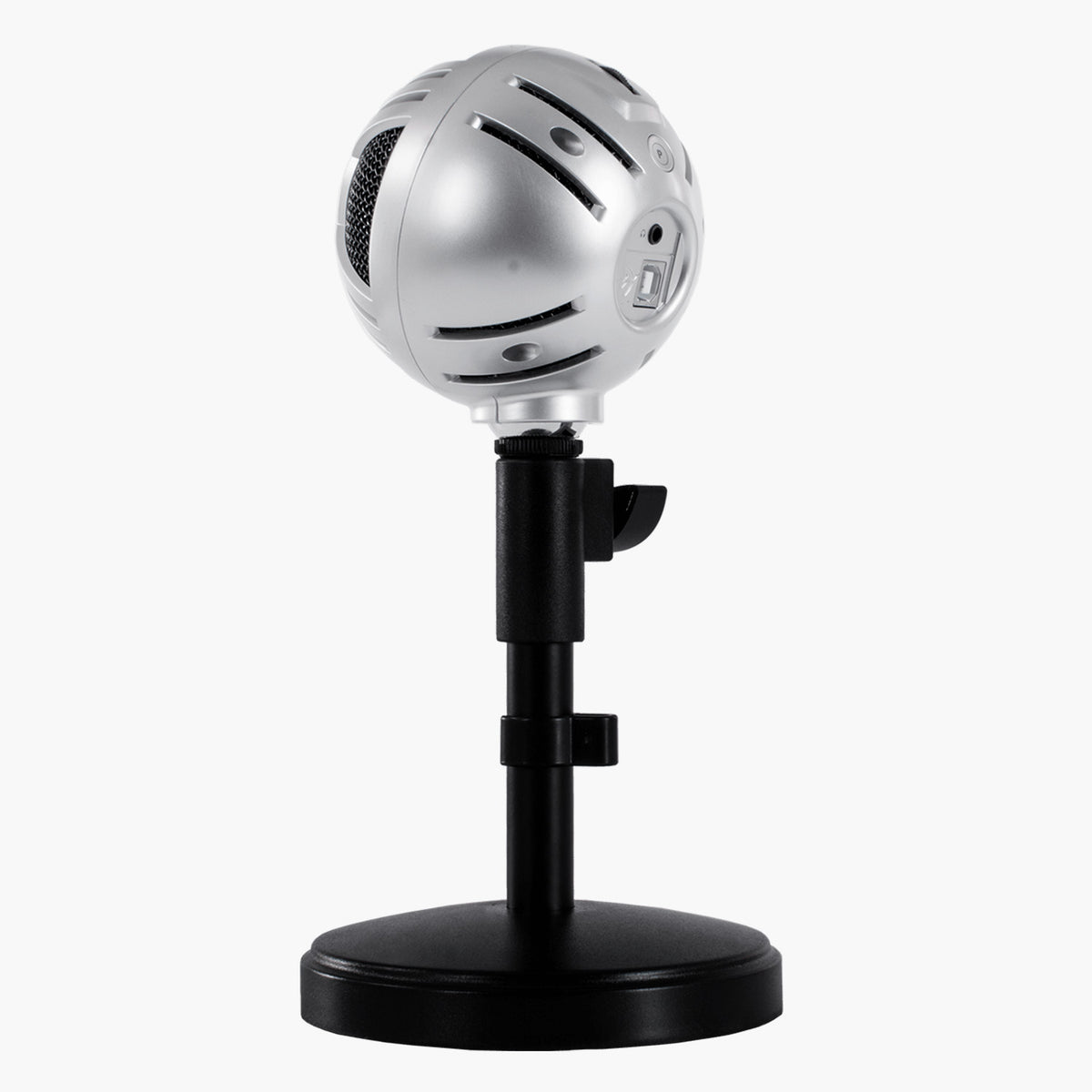 Arozzi Europe Sfera Pro Microphone, silver sphere, studio style on black stand, white background.