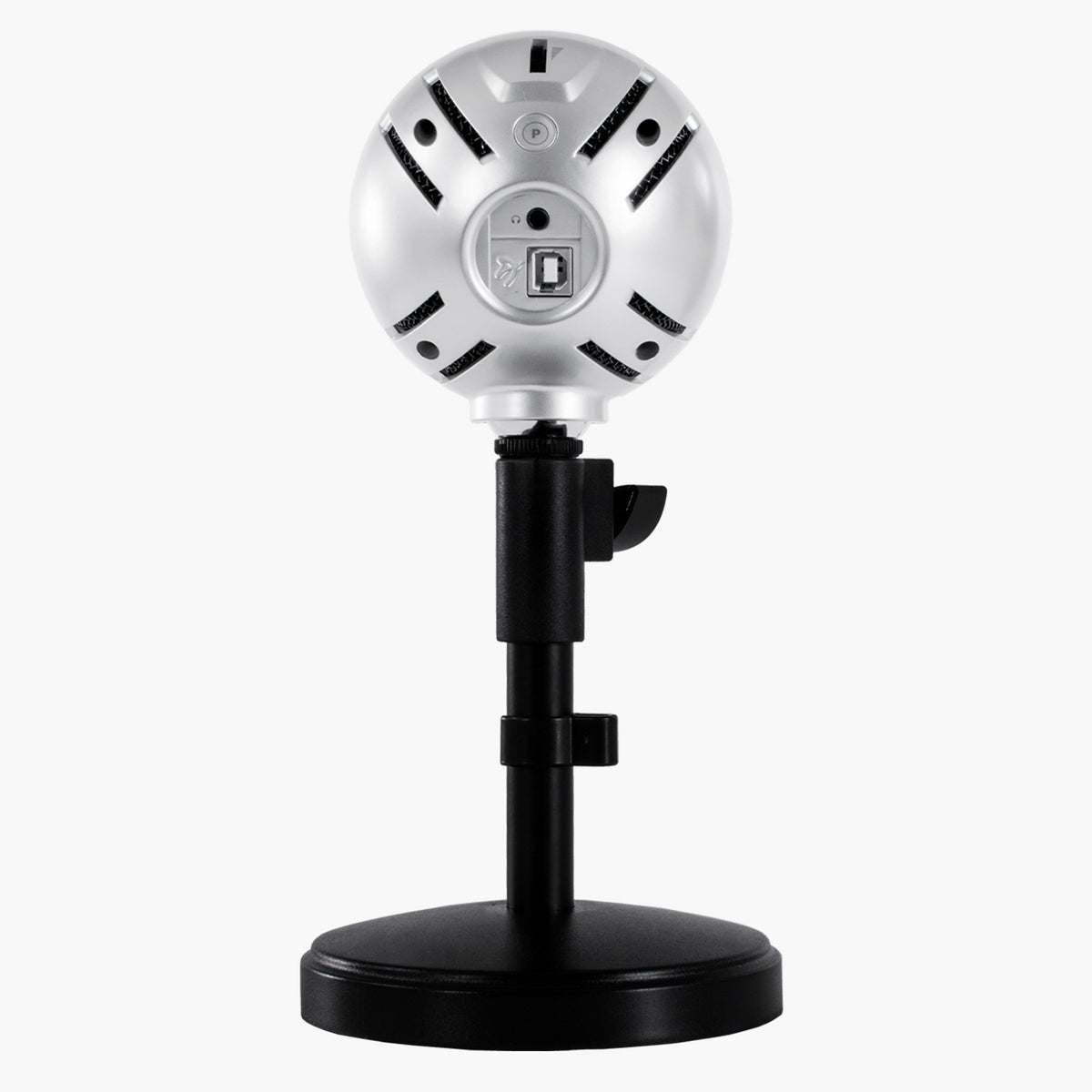 Arozzi Europe Sfera Pro Microphone, silver, on black stand, rear view on white background.