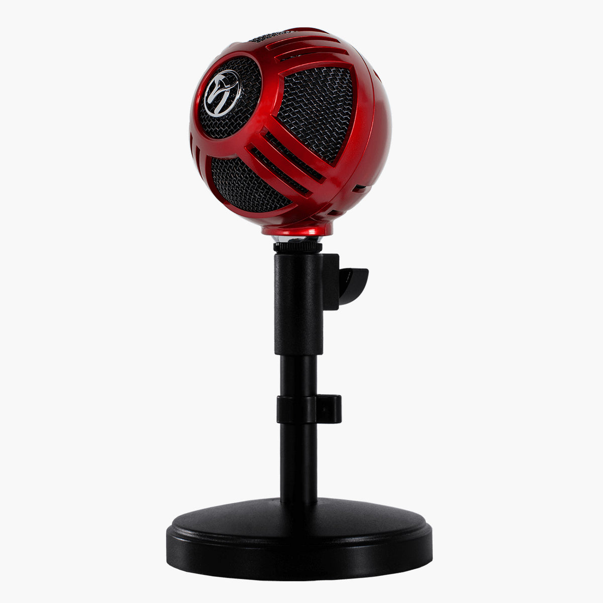 Arozzi Europe Sfera Microphone, red, spherical, on black stand, white background.