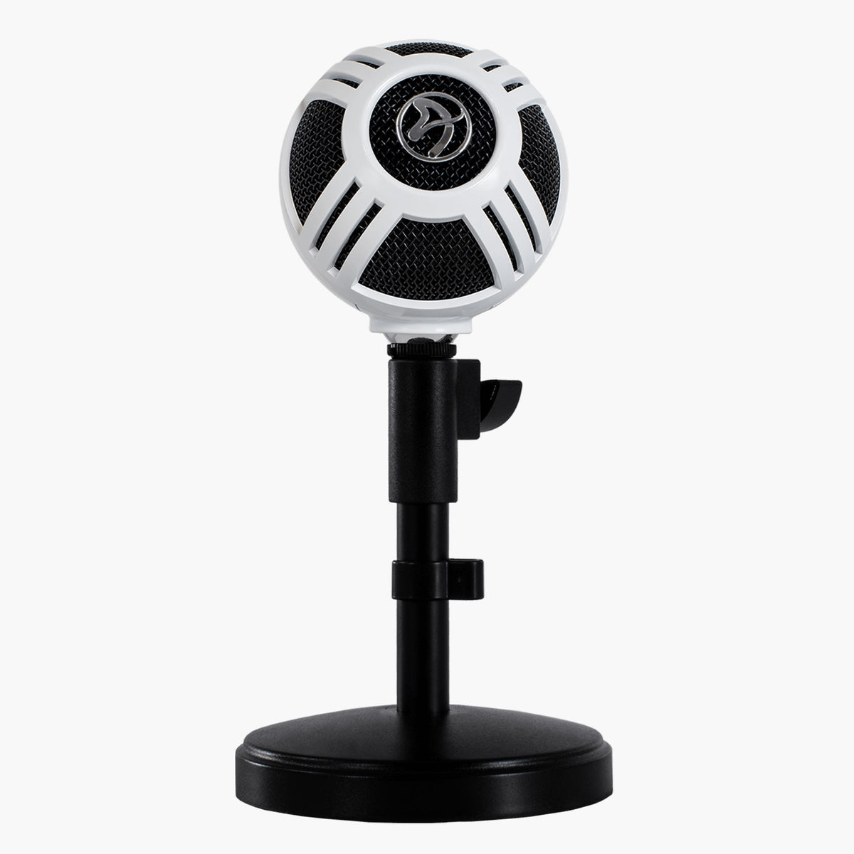 Arozzi Europe Sfera Microphone, white and black USB mic on black stand, plain white background.