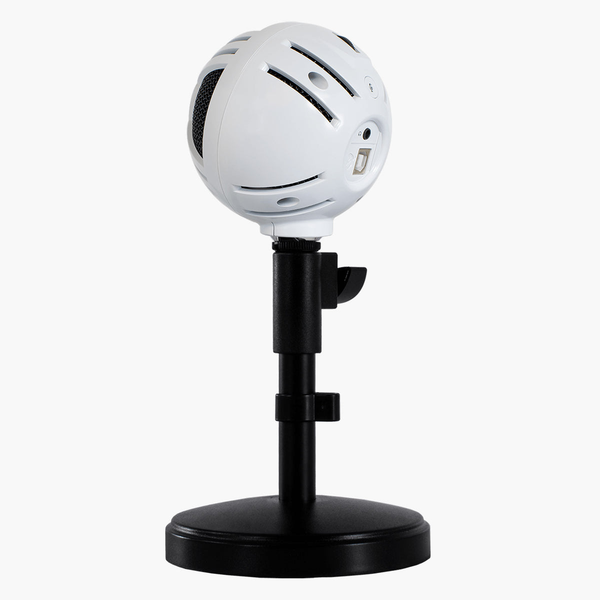 Arozzi Europe Sfera Microphone, white and spherical on a black stand, against white background.