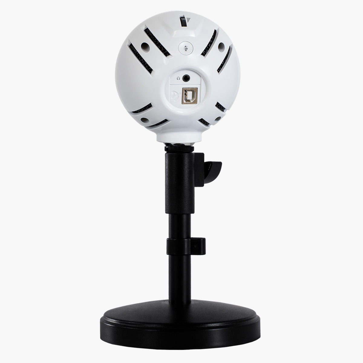 Arozzi Sfera Microphone, white and round, on black stand, rear view against a white background.
