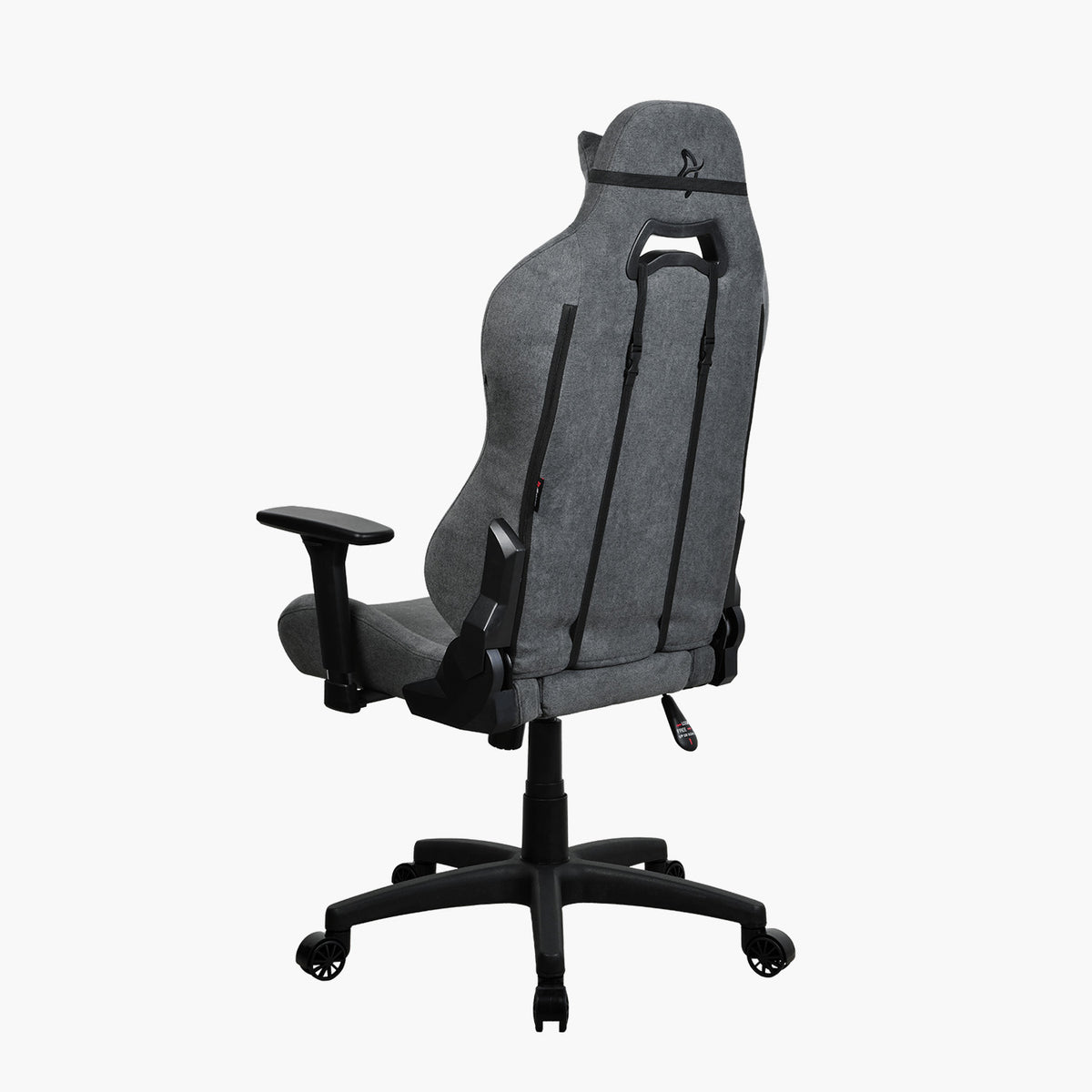 Arozzi Europe Torretta Soft Fabric gray ergonomic chair with lumbar support, black base, rear view.