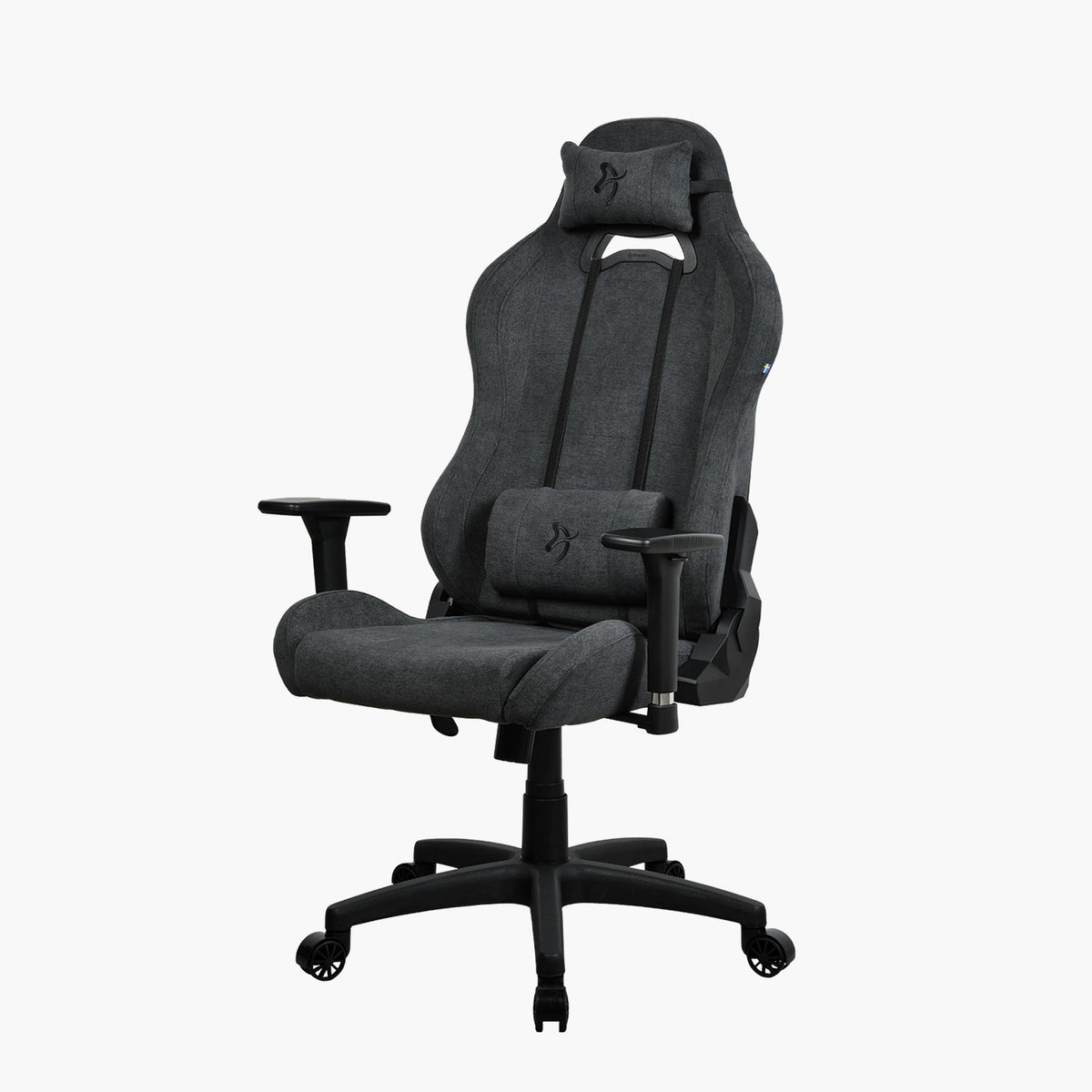 Arozzi Torretta Soft Fabric ergonomic chair with headrest & lumbar support on a white background.