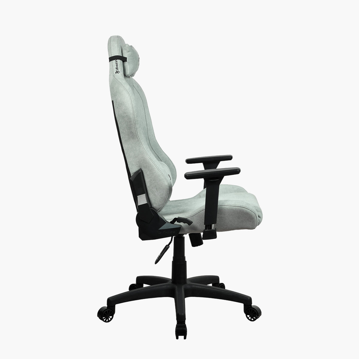 Side view of Arozzi Europe Torretta Soft Fabric chair with lumbar, adjustable arms, and headrest.