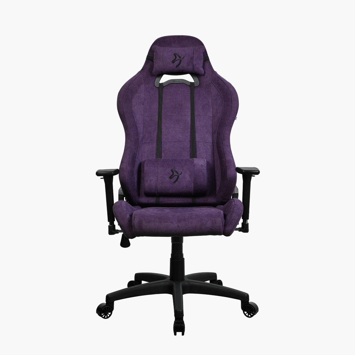 Arozzi Torretta Soft Fabric chair, purple, ergonomic with headrest & lumbar support, front view.