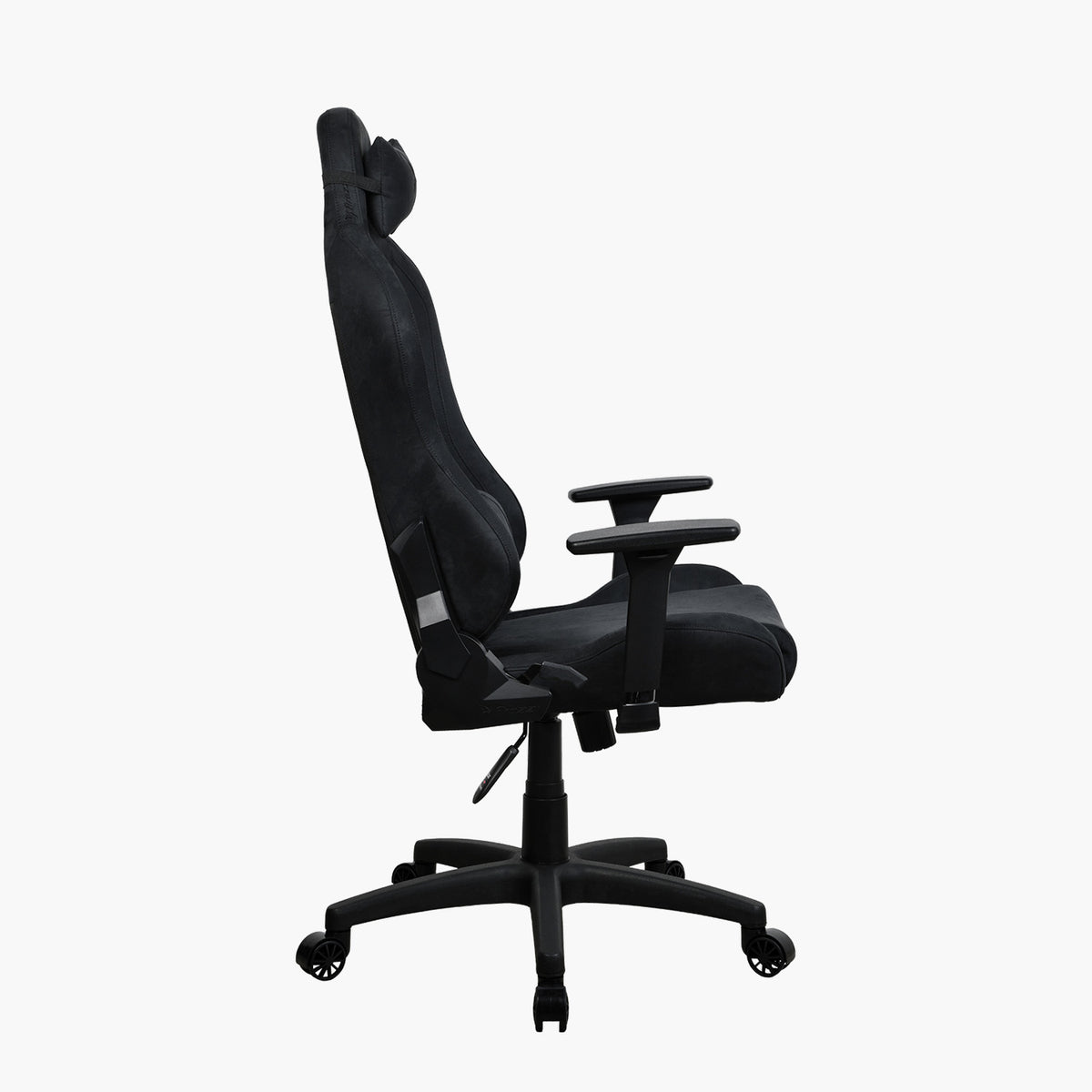 Arozzi Torretta Supersoft black ergonomic chair, side view with adjustable armrests.