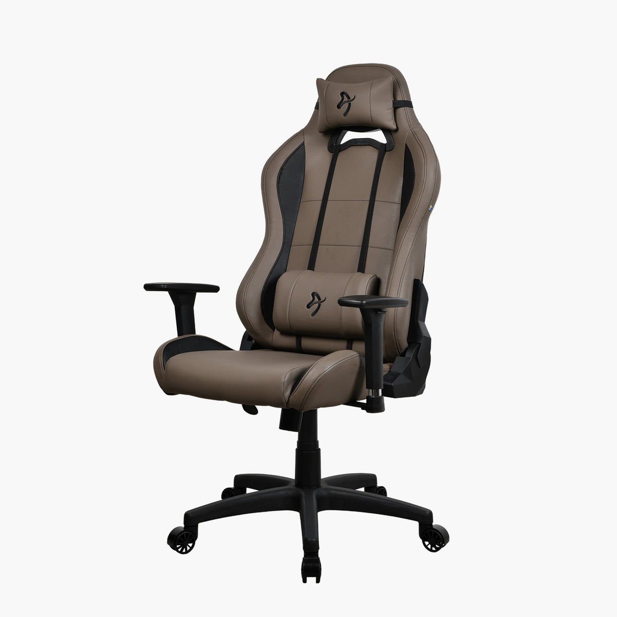 Arozzi Europe Torretta SoftPU: brown/black ergonomic chair, headrest, lumbar cushion, wheels.