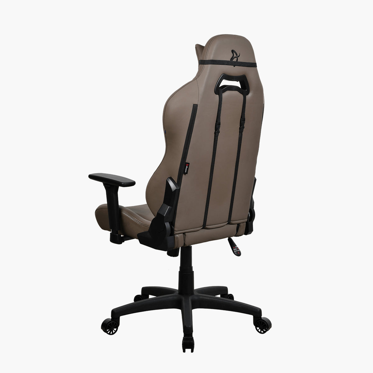 Arozzi Europe Torretta SoftPU brown gaming chair, black base & armrests, rear view.