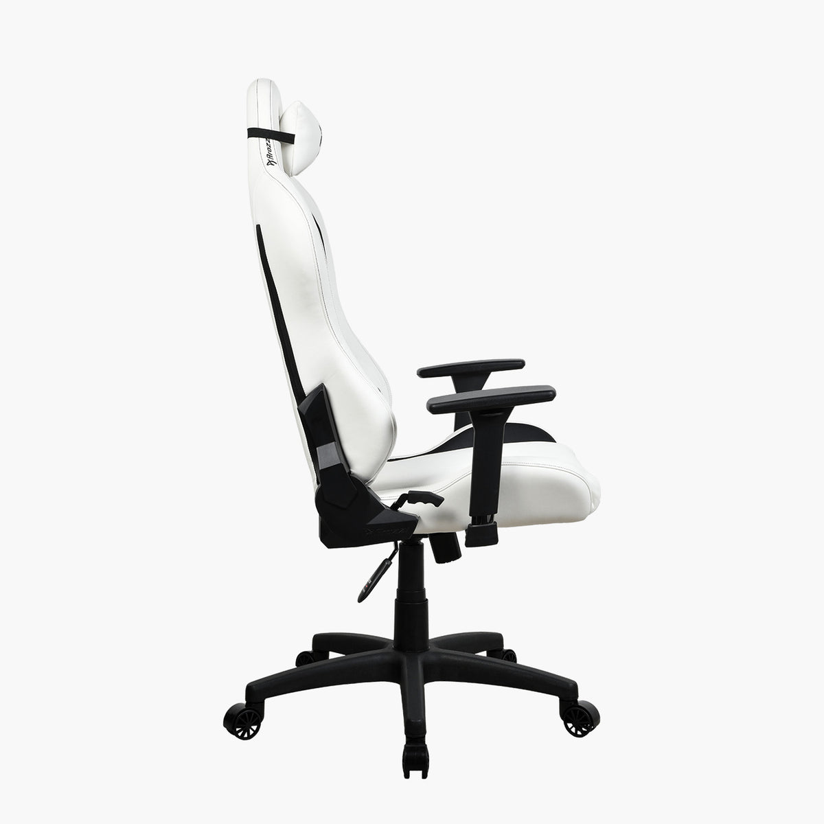 Arozzi Europe Torretta SoftPU chair, white faux leather, black base, lumbar support, side view.