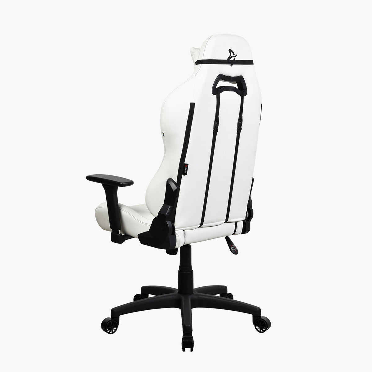 Arozzi Europe Torretta SoftPU, white with black armrests/base, lumbar support, rear view.