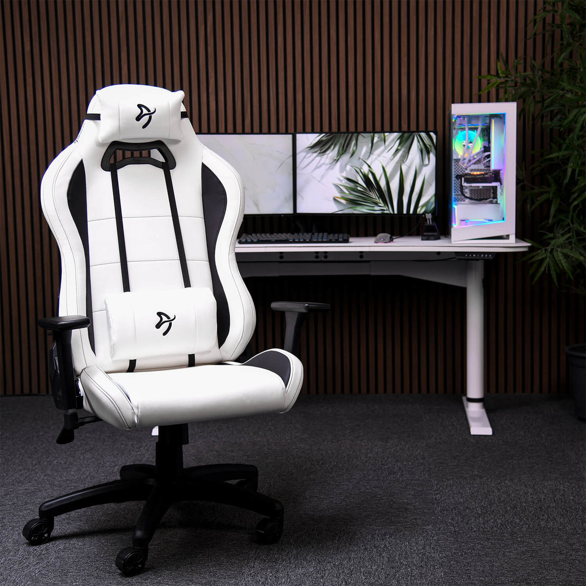 Arozzi Europe Torretta SoftPU chair with lumbar support by a dual-monitor desk and green plants.