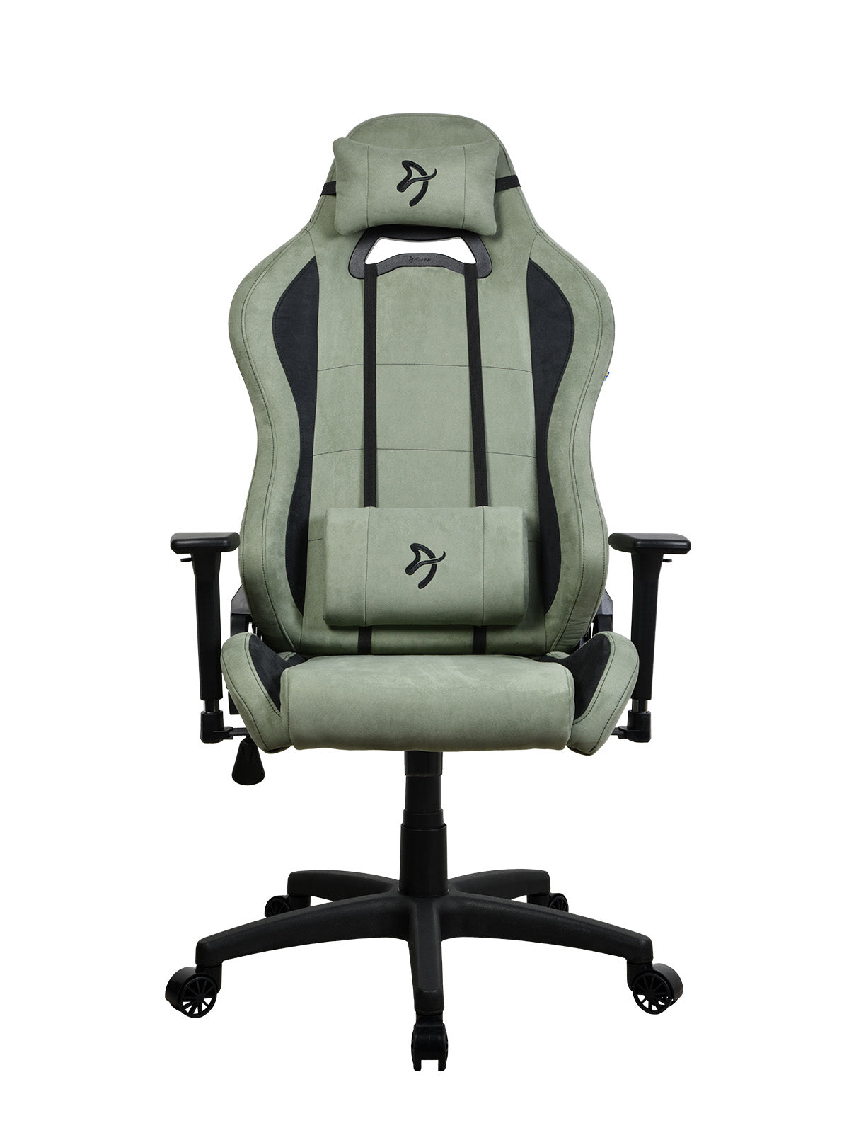 Green and black gaming chair with adjustable armrests and headrest, shown from the front.